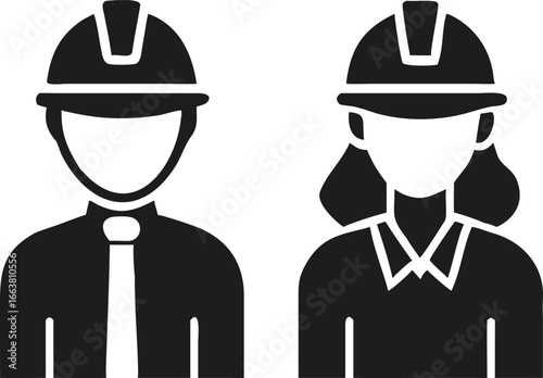 Construction Workers Male and Female with Hard Hats Representing Skilled Professionals and Gender Equality in the Workplace