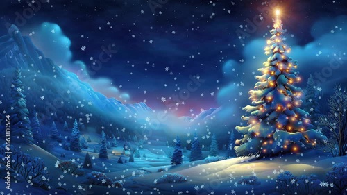 Christmas eve with xmas tree in the winter wonderland landscape during snowfall