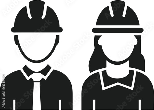 Construction Workers Male and Female with Hard Hats Representing Skilled Professionals and Gender Equality in the Workplace