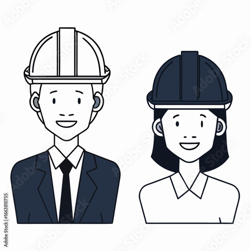 Construction Workers Male and Female with Hard Hats Representing Skilled Professionals and Gender Equality in the Workplace
