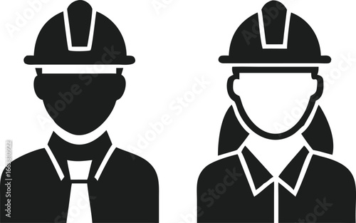 Construction Workers Male and Female with Hard Hats Representing Skilled Professionals and Gender Equality in the Workplace