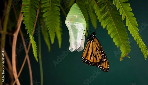 A monarch butterfly emerges from its chrysalis, suspended amongst lush foliage.