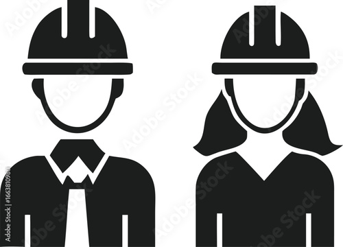 Construction Workers Male and Female with Hard Hats Representing Skilled Professionals and Gender Equality in the Workplace