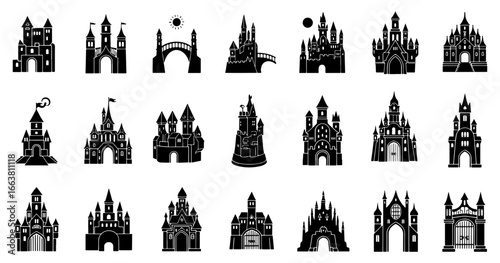 Vector art of assortment of black silhouette castle illustrations