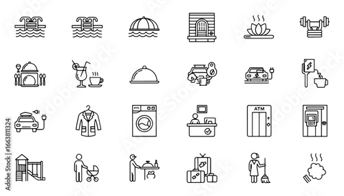 Vector art of collection of hotel amenities and services icons