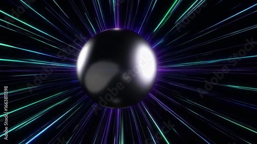 neon radial orb with black sphere amid radiant light beams