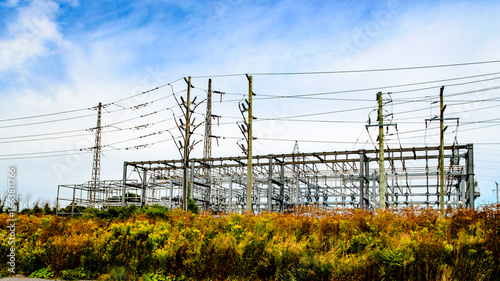 Hydro substation with a blue sky above