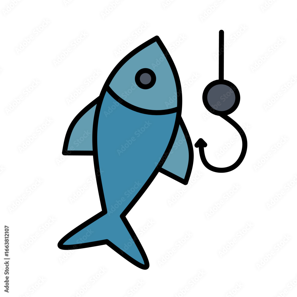 Obraz premium Modern Outlined Fish and Hook Fishing Line Graphic Illustration Design