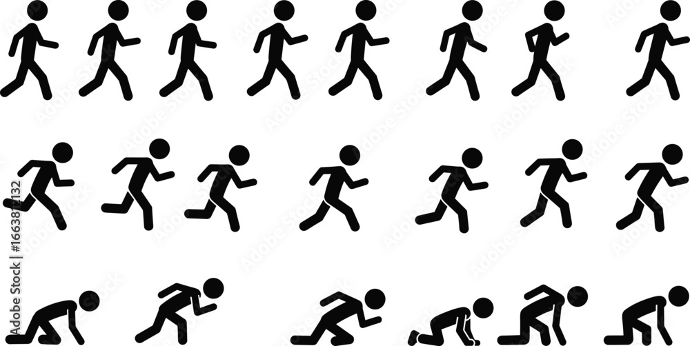 Naklejka premium Walking running stick figure silhouettes, jogging icons sequence, sprinting clipart, athlete motion poses, fitness training steps, workout vector illustration, sports activity design