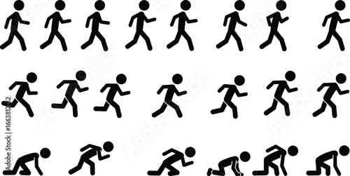 Walking running stick figure silhouettes, jogging icons sequence, sprinting clipart, athlete motion poses, fitness training steps, workout vector illustration, sports activity design