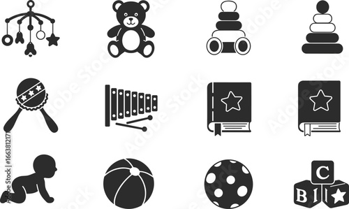 Baby toy icons, toddler playthings silhouette, educational toy clipart, baby rattle vector, teddy bear design, stacking rings, xylophone, blocks, baby crawling
