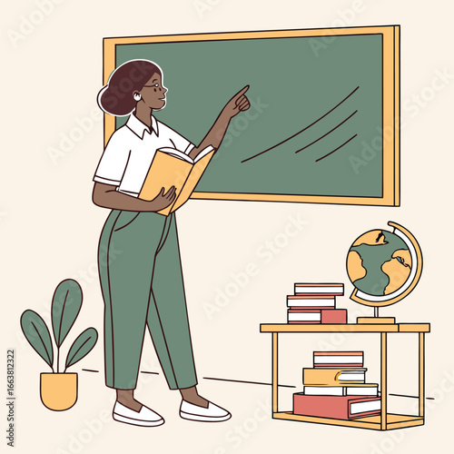 Enthusiastic Teacher in a Classroom Setting Illustration Presenting with Charm and a Welcoming Demeanor While Holding a Book