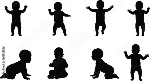 Baby silhouette vector set, infant clipart, crawling sitting standing poses, child outline graphic, toddler black shape, newborn design illustration