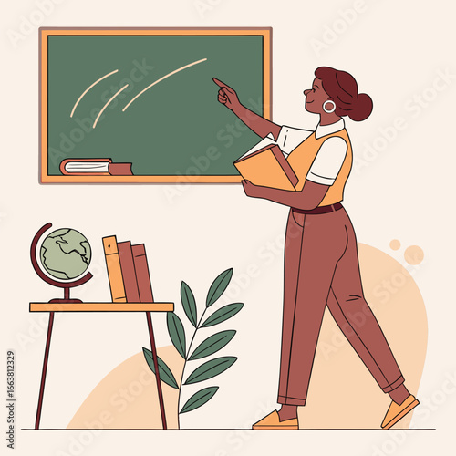 Enthusiastic Teacher in a Classroom Setting Illustration Presenting with Charm and a Welcoming Demeanor While Holding a Book