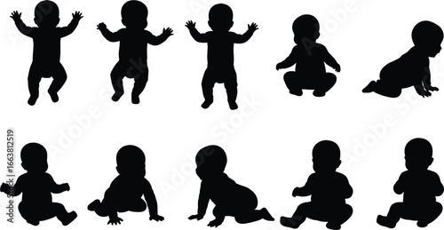 Baby silhouette vector bundle, sitting crawling standing poses, infant development stages illustration, toddler growth clipart, newborn movement outline, child black graphic