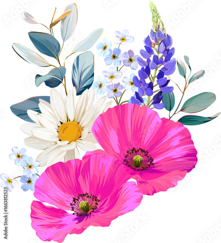 Vector bouquet of daisies, poppies, lupines and forget-me-nots. Daisies, chamomile white flowers, blue flowers.