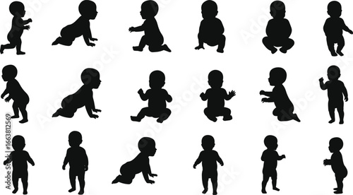 Baby silhouette vector collection, crawling walking sitting poses, infant development illustration, toddler standing clipart, child growth black outline, newborn movement graphic