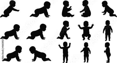 Baby silhouette vector set, crawling standing sitting poses, infant development stages clipart, toddler learning movement illustration, child growth black outline graphic