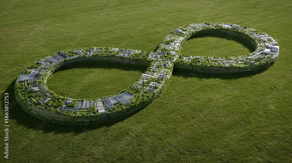 Fototapeta premium Sustainable City Design: An Infinity Loop Structure Covered in Greenery on Lush Grass