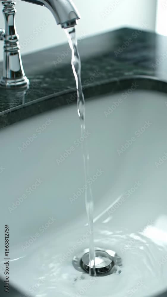 sparkling, crystal-clear water continuously cascades from a sleek, polished chrome faucet into a pristine white ceramic basin on dark green marble. pristine purity, modern luxury, wellness concept sparkling, crystal-clear water continuously cascades from a sleek, polished chrome faucet into a pristine white ceramic basin on dark green marble. pristine purity, modern luxury, wellness concept