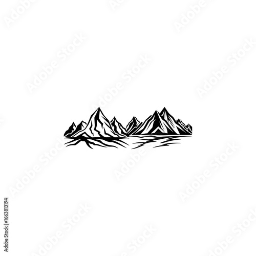 A clean and elegant black-and-white logo featuring a stylized mountain range. The design uses bold, abstract lines and sharp angles to create a sense of scale and adventure.