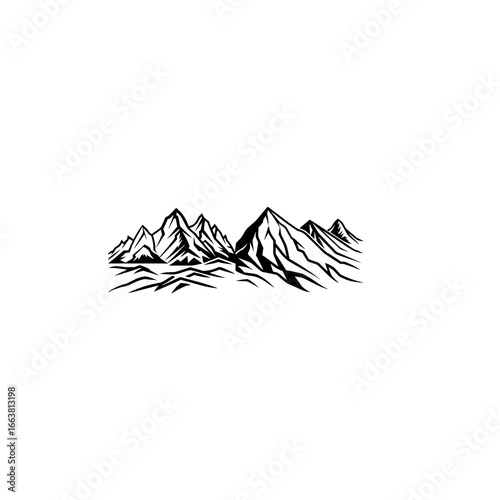 A clean and elegant black-and-white logo featuring a stylized mountain range. The design uses bold, abstract lines and sharp angles to create a sense of scale and adventure.