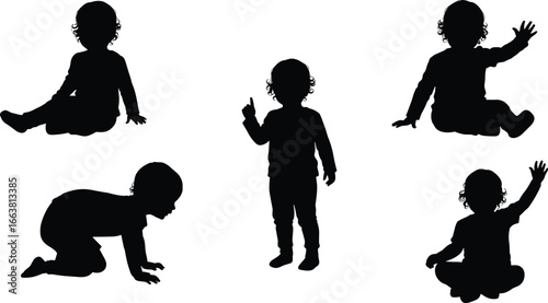 Baby toddler silhouette vector illustration, child sitting and crawling poses, cute infant activity template, childhood design graphic, playful kids movement artwork