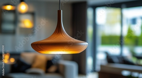 Warm Wooden Pendant Light Enhances Modern Living Room Ambiance During Evening...