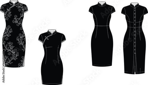 Elegant traditional cheongsam dress fashion vector illustration, Asian qipao clothing design template, modern Chinese dress silhouette, cultural textile pattern style