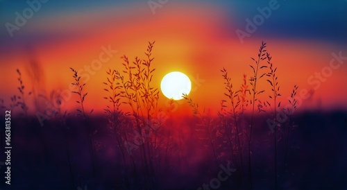 Vibrant Sunset Over Fields With Silhouettes of Grass in Tranquil Atmosphere.