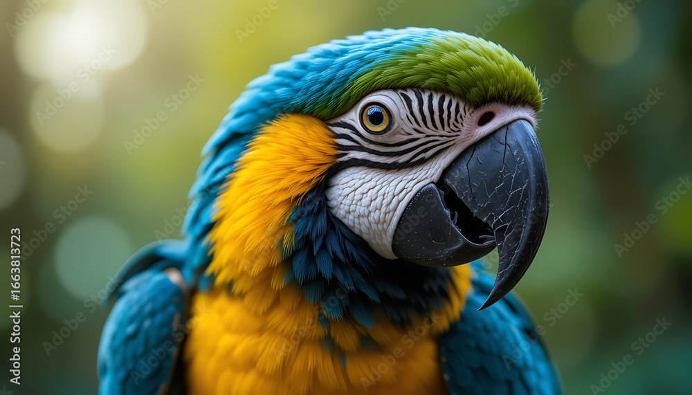 Obraz premium Admire the Vivid Beauty of a Blue-and-Yellow Macaw in Stunning Close-Up – Tropical Parrot with Bright Feathers, Striking Colors, and Exotic Wildlife Appeal Captured, 8K image 