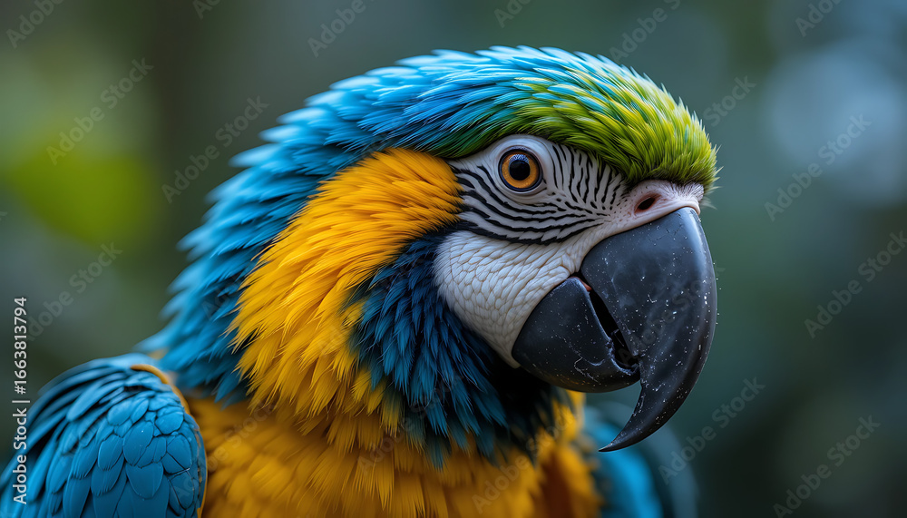 Obraz premium Admire the Vivid Beauty of a Blue-and-Yellow Macaw in Stunning Close-Up – Tropical Parrot with Bright Feathers, Striking Colors, and Exotic Wildlife Appeal Captured, 4K image 