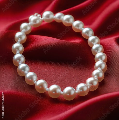 Elegant Pearl Bracelet Displayed on Luxurious Red Fabric Background for Jewel...