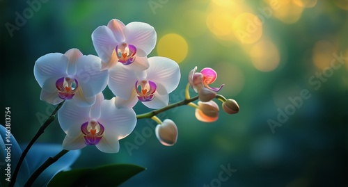 Beautiful White Orchids Blooming Softly in a Natural Setting During Golden Hour