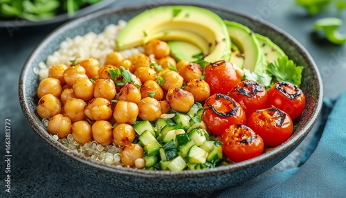 Healthy Grain Bowl With Grilled Vegetables, Chickpeas, and Quinoa Served on a...