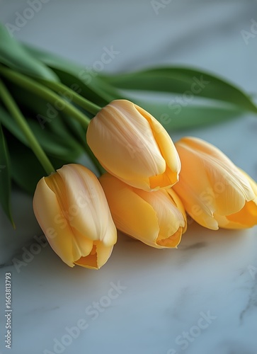 Bright Yellow Tulips Arranged Gracefully on a Marble Surface During Bright Da...