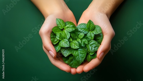 Hands Holding a Heart-Shaped Arrangement of Green Leaves for Environmental Aw...