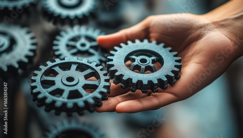 Close up of Hand Holding Various Gears in a Mechanical Workshop Setting.