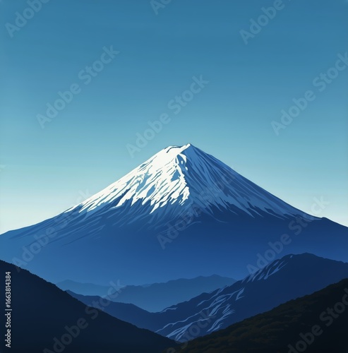 Majestic Snow-Capped Mountain Rises Above Serene Landscape Under Clear Blue S...