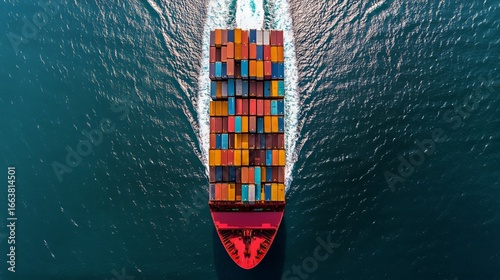 Cargo Ship Navigating Open Waters With Colorful Shipping Containers During Da...