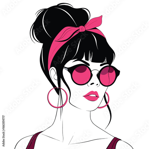 Retro Glamour A Stylish Woman with Beehive Hairdo Round Sunglasses and a Pink Headband in a Chic Illustration