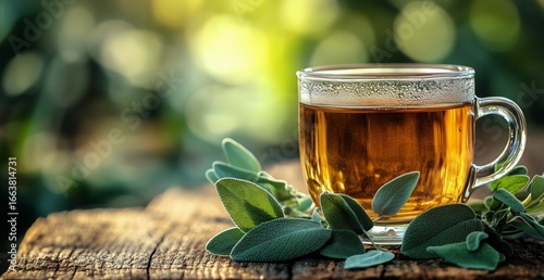 Warm Herbal Tea Sits on a Rustic Wooden Table Surrounded by Fresh Green Herbs...