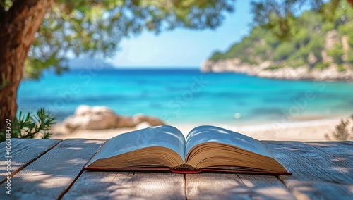 Relaxing by the Beach With an Open Book on a Wooden Table Under Tree Shade.
