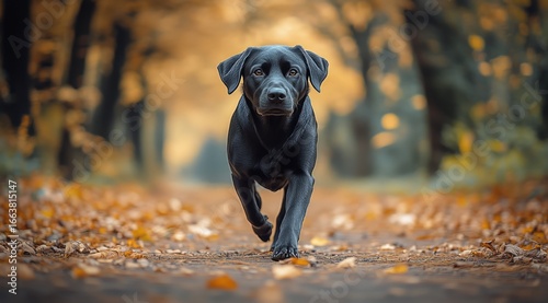 Black Labrador Walking Through Autumn Leaves in a Serene Forest Setting.