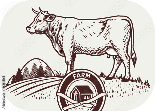 Black and white illustration of a cow standing in a field with a farm logo in the foreground cattle livestock