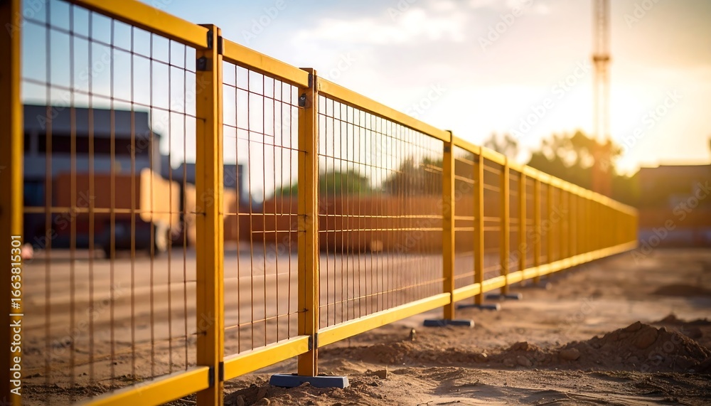 Obraz premium A long, bright yellow construction fence stretches across a sun-drenched worksite, showcasing a metal grid structure against a blurred background of industrial buildings.