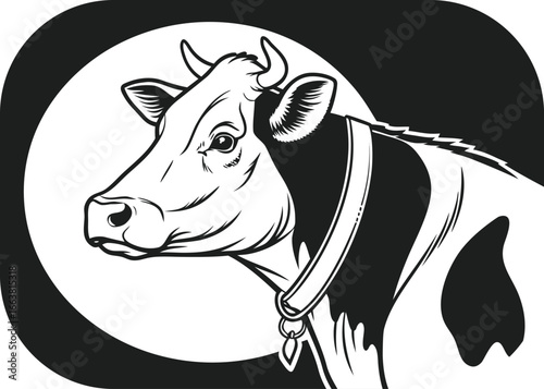 Black and white illustration of a horned cow head with a bell collar cattle livestock
