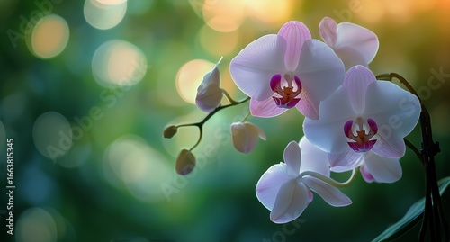 Beautiful White Orchids Blooming Softly in a Natural Setting During Golden Hour.