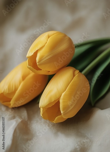 Bright Yellow Tulips Arranged Gracefully on a Marble Surface During Bright Da...
