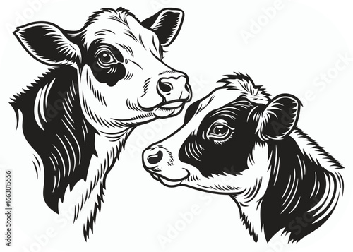 Close-up black and white illustration of two cow heads, one larger than the other, facing each other